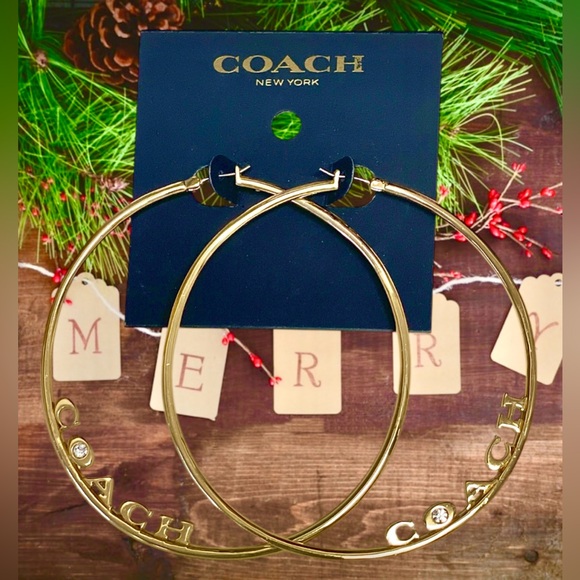 Coach Gold Logo Hoop Earrings 3” New Stocking Stuffer - Picture 5 of 11